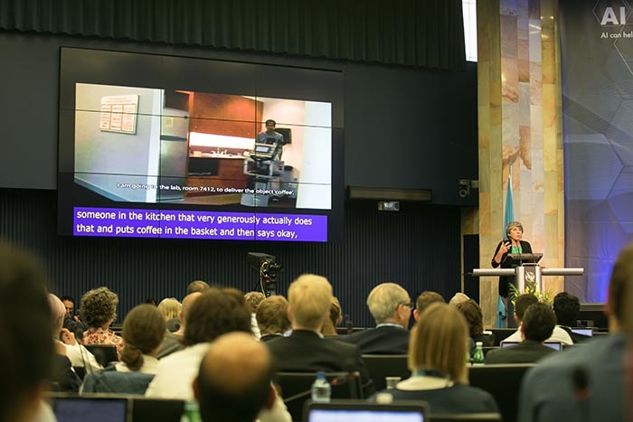 Photo of Manuela Veloso and Presentation Video at AI for GOOD Summit
