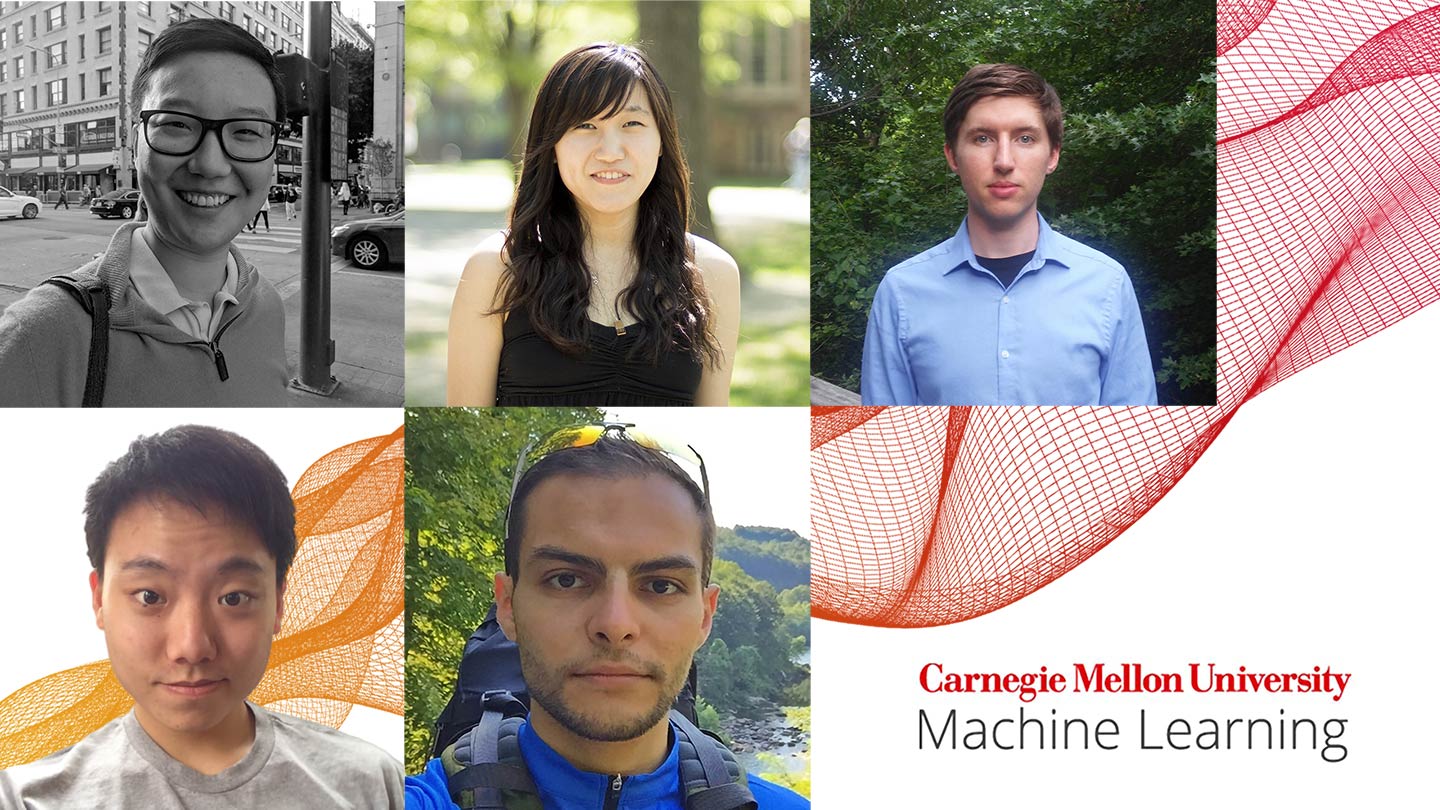 Machine Learning Department's Teaching Assistant (TA) award recipients portrayed Liam Li, Lisa Lee, Nicholay Topin, Paul Liang and Maruan Al-Shedivat.