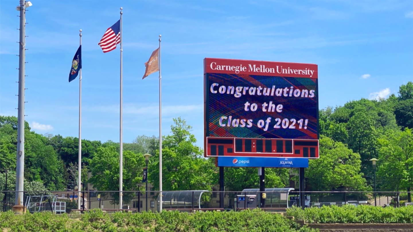 A background image highlighting a congratulations message to the graduates of 2021 at Carnegie Mellon University
